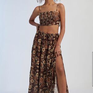 Rhythm Brown Floral A-Line Maxi Skirt with Slit